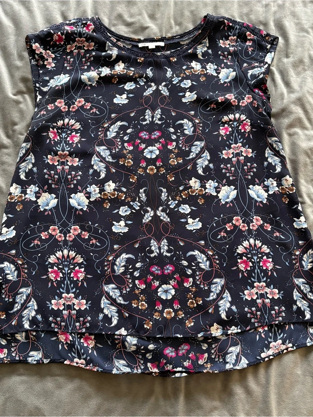 DR2 Black Floral Crewneck Top with Blue and Cream Accents - Picture 2 of 5